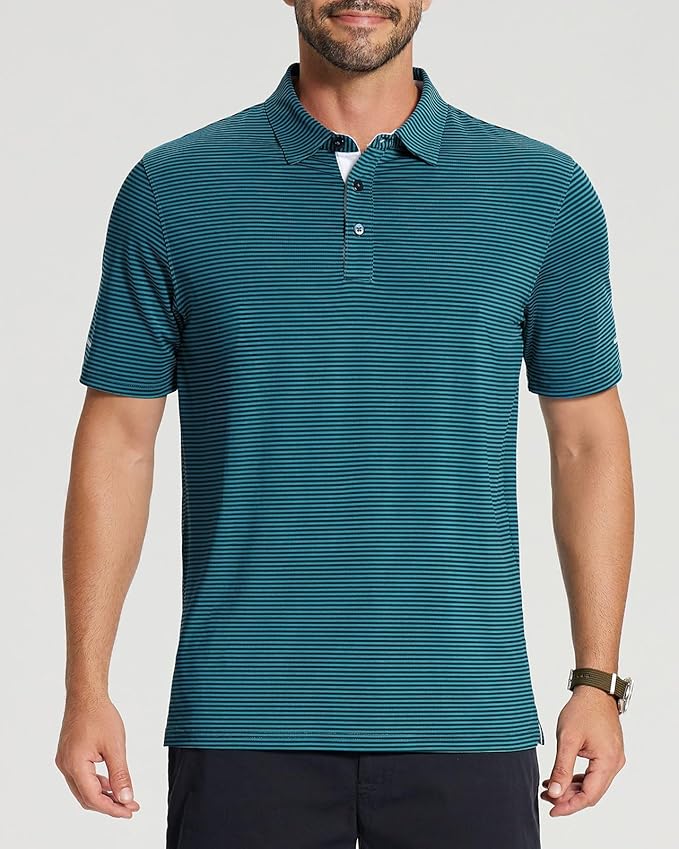 Golf Shirts for Men - Moisture Wicking Short Sleeve Performance Sport Casual Striped Collared Mens Polo Shirt IronWave Fitness