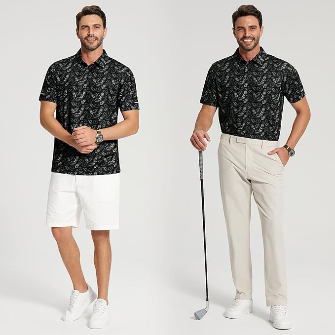Golf Shirts for Men - Moisture Wicking Short Sleeve Performance Sport Casual Striped Collared Mens Polo Shirt IronWave Fitness