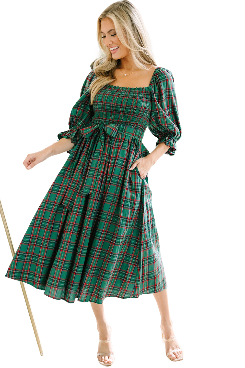 Green Plaid Square Neck Puff Sleeve Bowknot Waist Flared Midi Dress