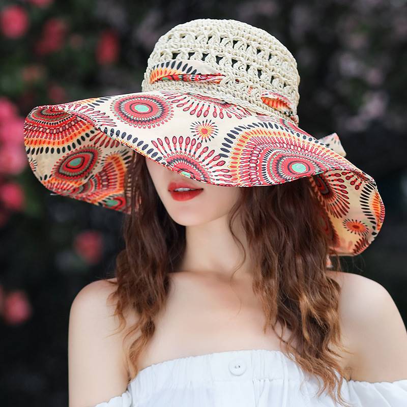 Women's Patterned Straw Beach Sun Hat – Round Crown UV Protection Summer Hat FitiqueFit