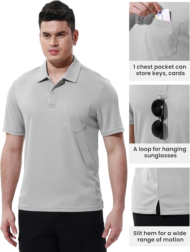 TBMPOY Men's Polo Shirts with Pocket Short Sleeve Quick Dry Casual Sports Outdoor Golf Shirt IronWave Fitness