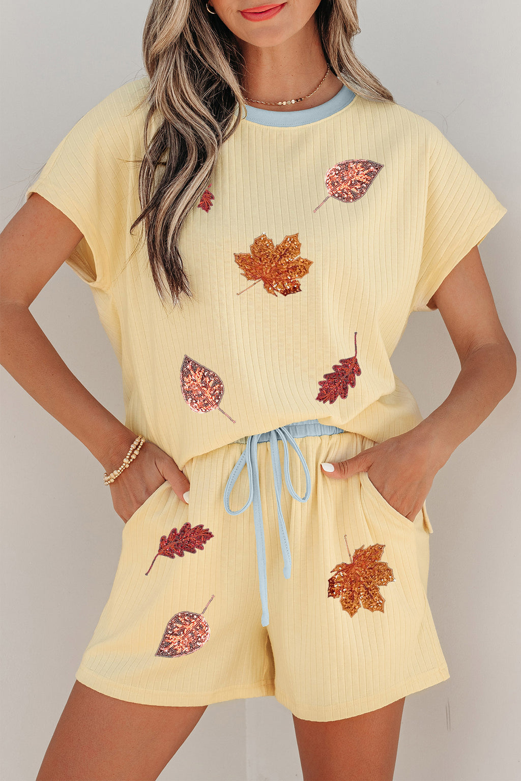 Yellow Cream Ribbed Color Block Trim Sequin Leaf Graphic Short 2pcs Set