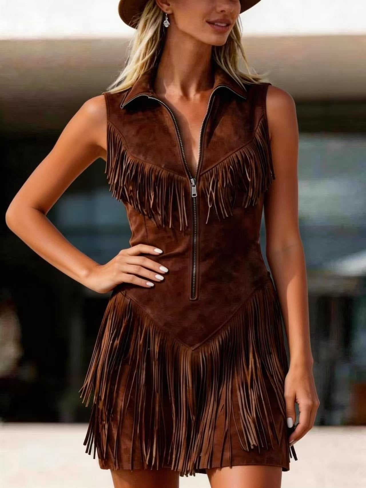 Women's Suede Western Tassel Sleeveless Slim-Fit Midi Dress FitiqueFit