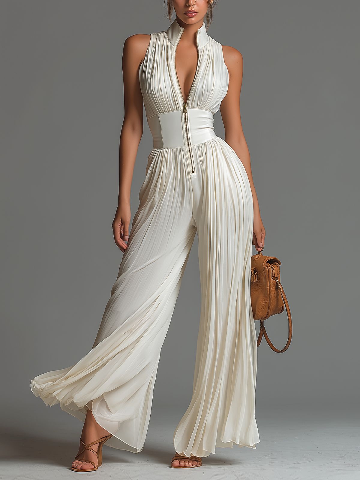 Pleated Wide-Leg Jumpsuit for Women – Sleeveless High-Waist Minimalist Long Jumpsuit FitiqueFit