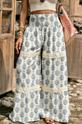 Sky Blue Floral Print Lace Patchwork Detail Wide Leg Pants