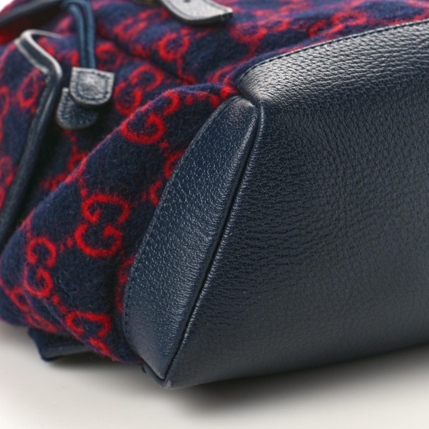 Gucci Covered Wool GG Monogram Small Double Buckle Backpack Navy Red Banlieue91