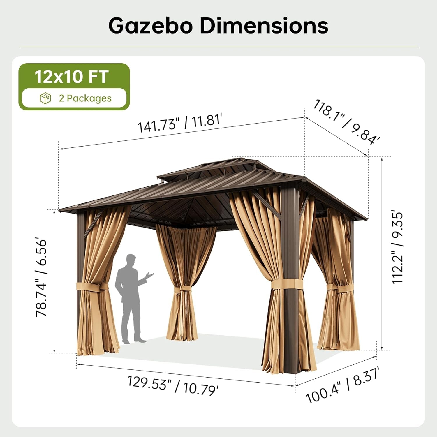 10x12Ft Hardtop Gazebo Brown Outdoor Patio Durable