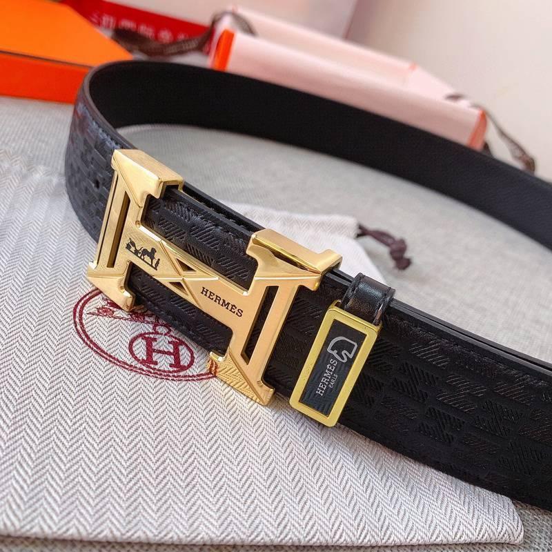 Hermès Men's Black Leather Belt with Iconic 'H' Gold Buckle - Timeless Luxury Accessory Banlieue91