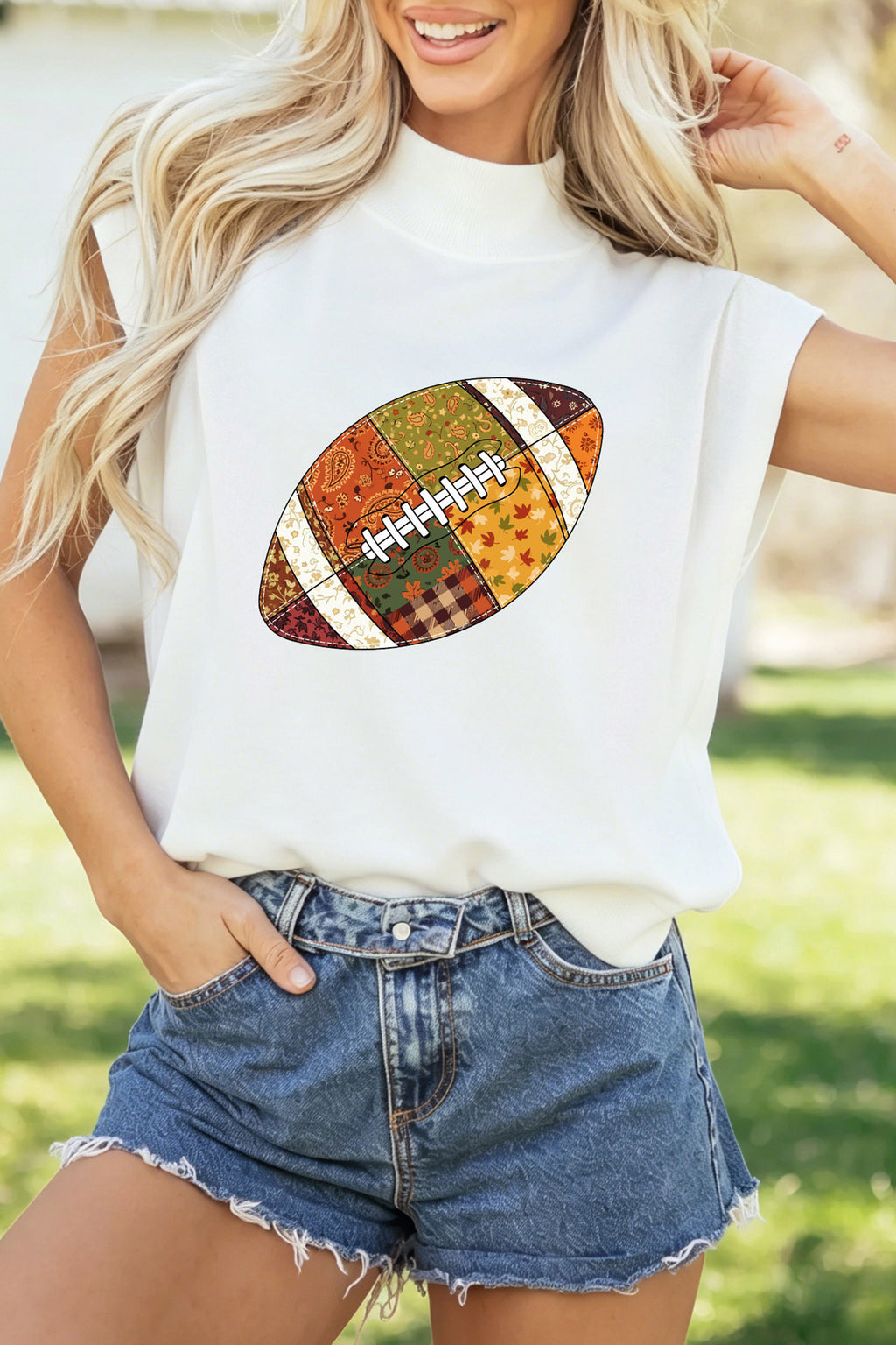 White Patchwork Rugby Print High Neck Cap Sleeve Game Day Top