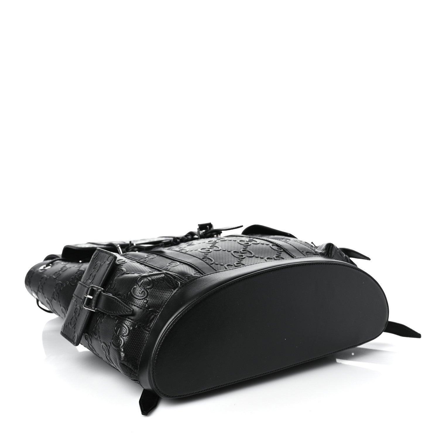 Gucci Calfskin GG Tennis Embossed Double Buckle Backpack Black Banlieue91