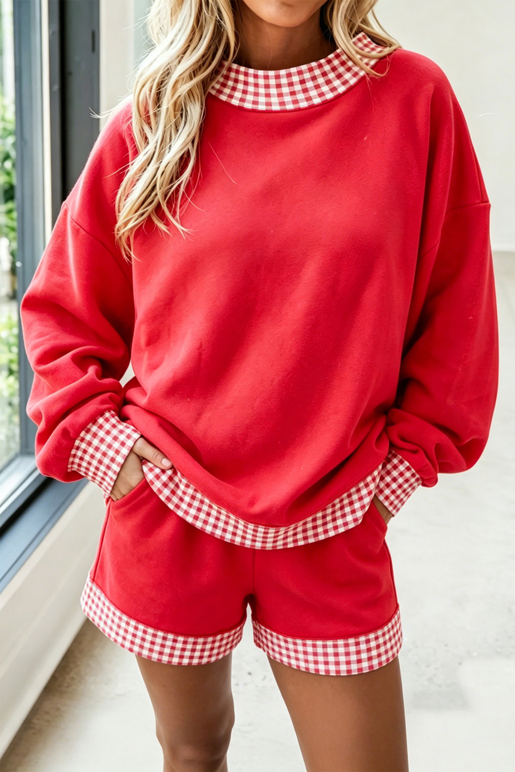 Carrot Gingham Trim Baggy Pullover 2pcs Short Set