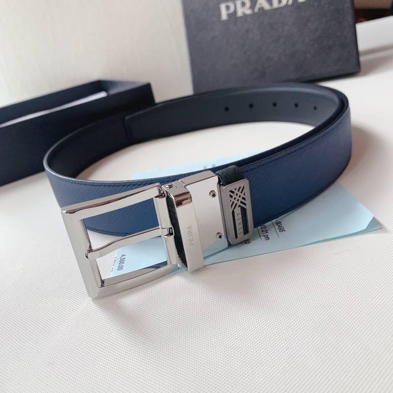 Prada Leather Reversible Belt With Triple Buckles 'Black/Blue' Banlieue91