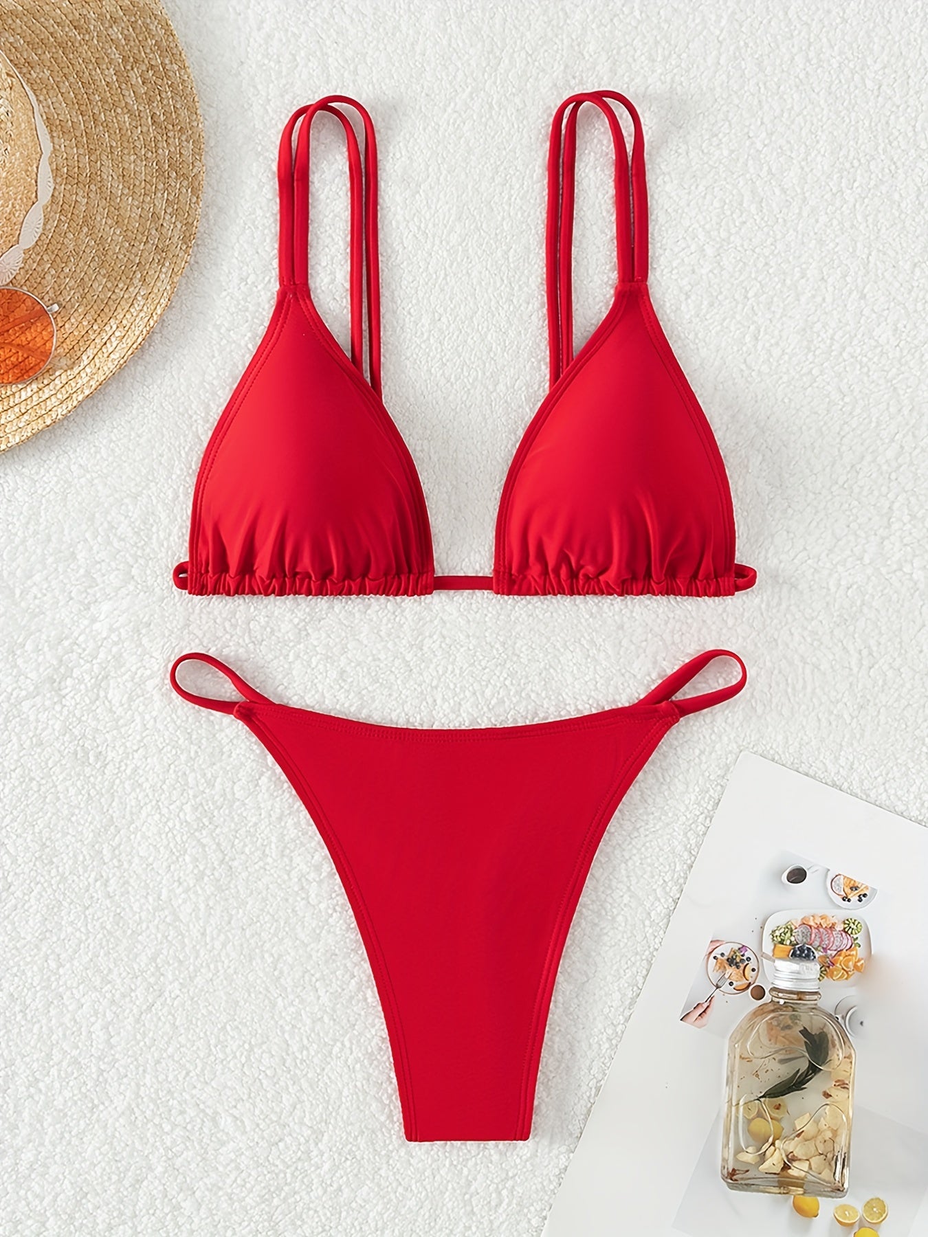 Bikini Solid Color Triangle V Neck 2 Piece Bikini Set for Women – Stretchy Double Strap Tie Back V String Swimwear with Lace Up Detail – Flattering Beach Vacation Swimsuit for Confident Summer Style and Poolside Fashion Stevvex
