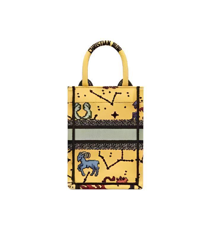 Christian Dior Canvas Embroidered Pixel Zodiac Mini Book Tote Phone Bag in Latte Multicolor Banlieue91