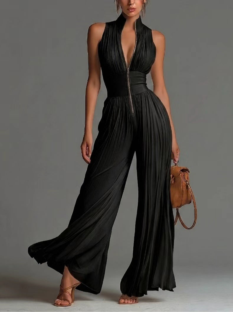 Pleated Wide-Leg Jumpsuit for Women – Sleeveless High-Waist Minimalist Long Jumpsuit FitiqueFit