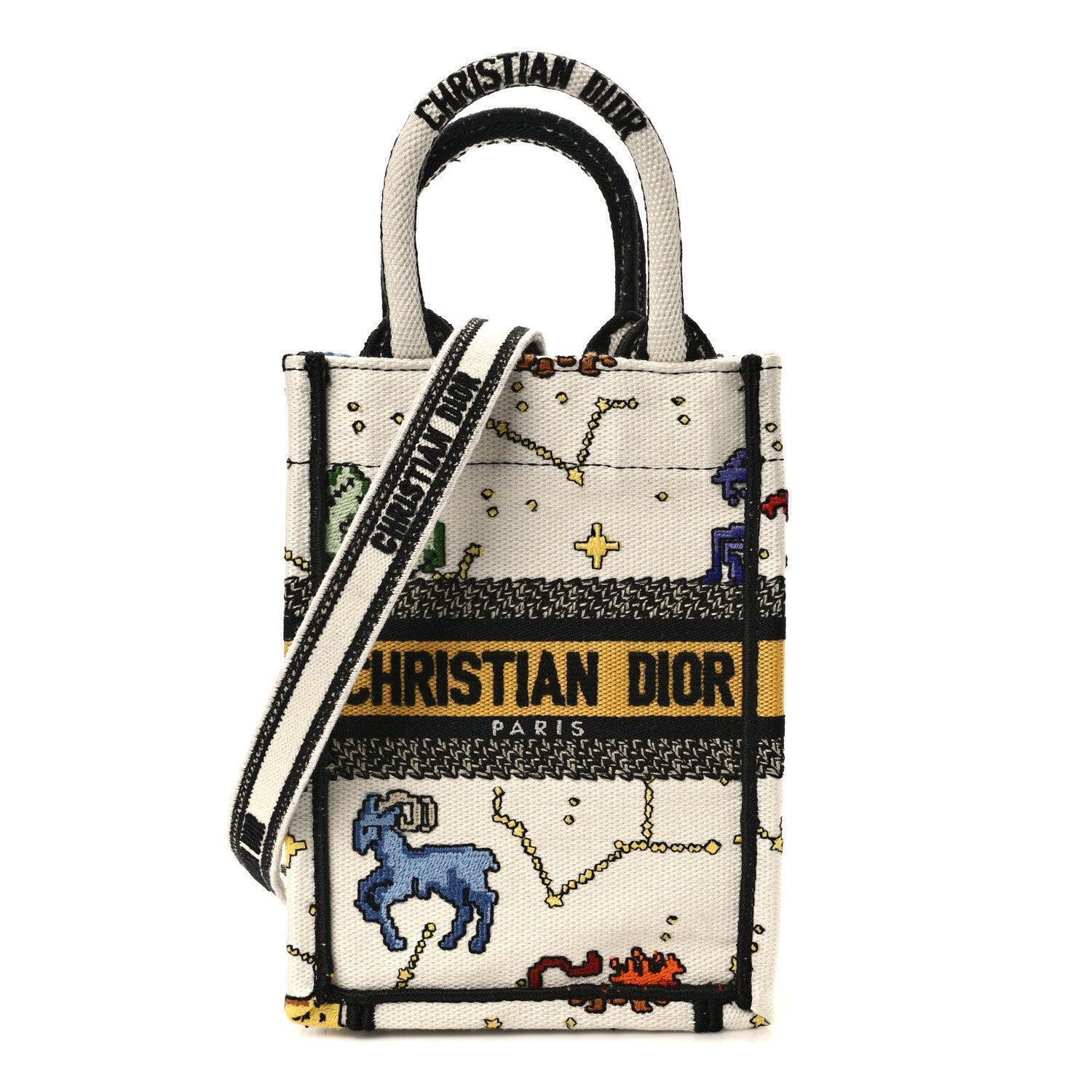 Christian Dior Canvas Embroidered Pixel Zodiac Mini Book Tote Phone Bag in Latte Multicolor Banlieue91