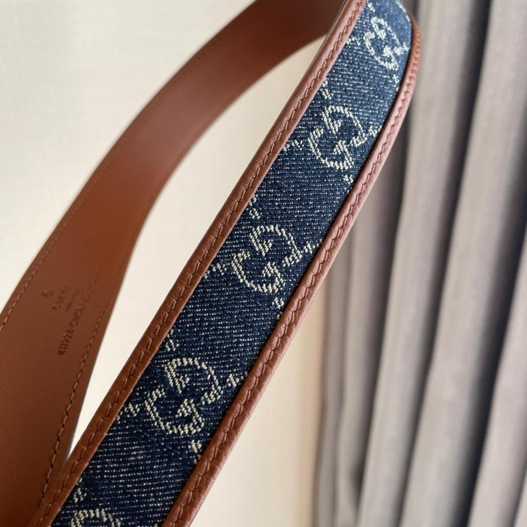 GUCCI Embellished coated-canvas and leather belt 'Brown/Blue' Banlieue91