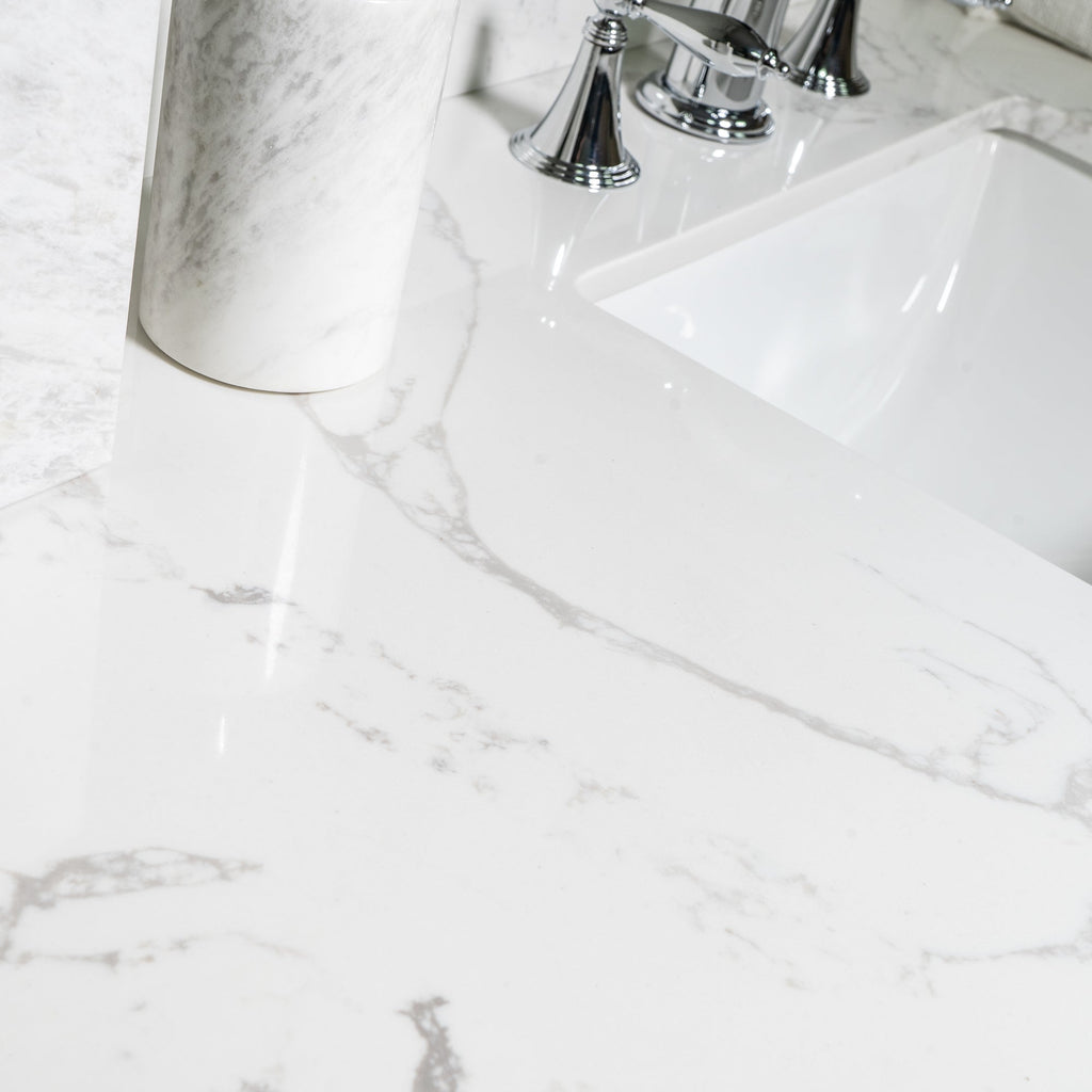 Montary 43x22 bathroom stone vanity top engineered stone carrara white marble color with rectangle undermount ceramic sink and 3 faucet hole with back splash
