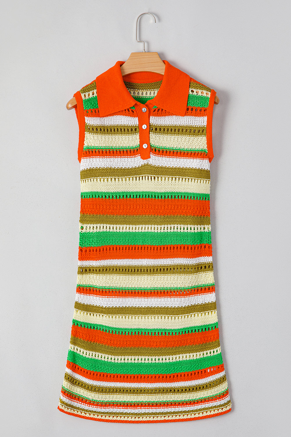 Yellow Stripe Eyelet Sleeveless Buttoned Split Neck Knit Dress