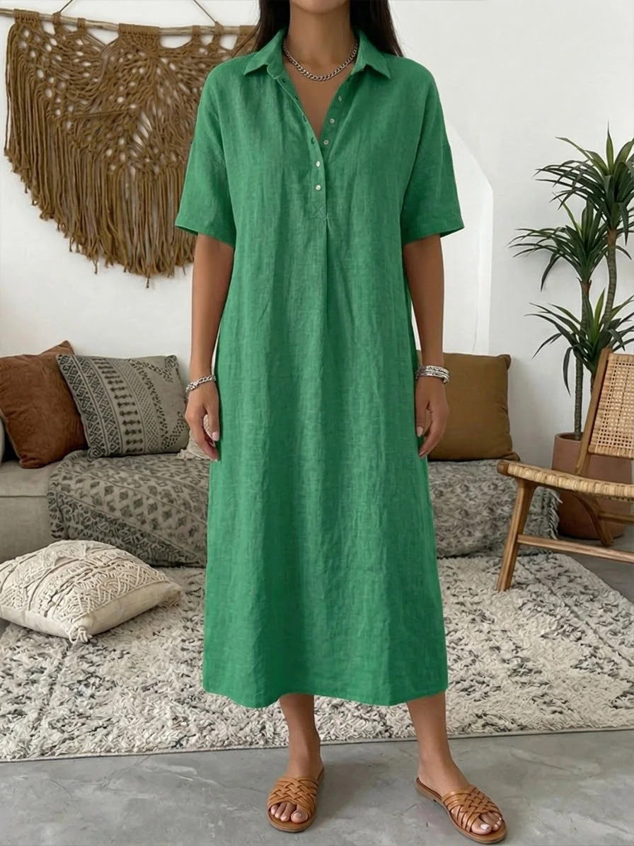Women's Linen Blend Short Sleeve Polo Neck Maxi Dress FitiqueFit