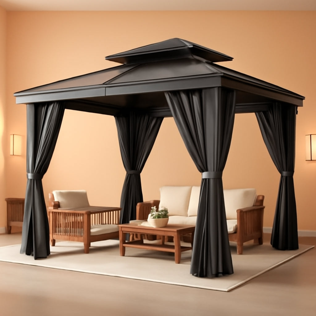 10x10Ft Gazebo With Polycarbonate Roof Netting And Curtains