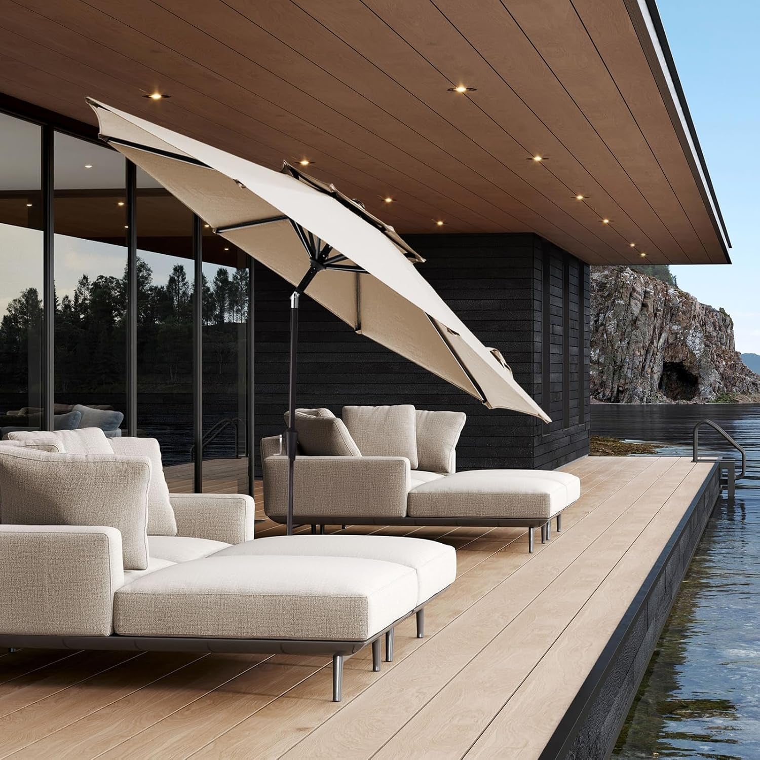 Beige Waterproof Two Tier Pushbutton Patio Umbrella
