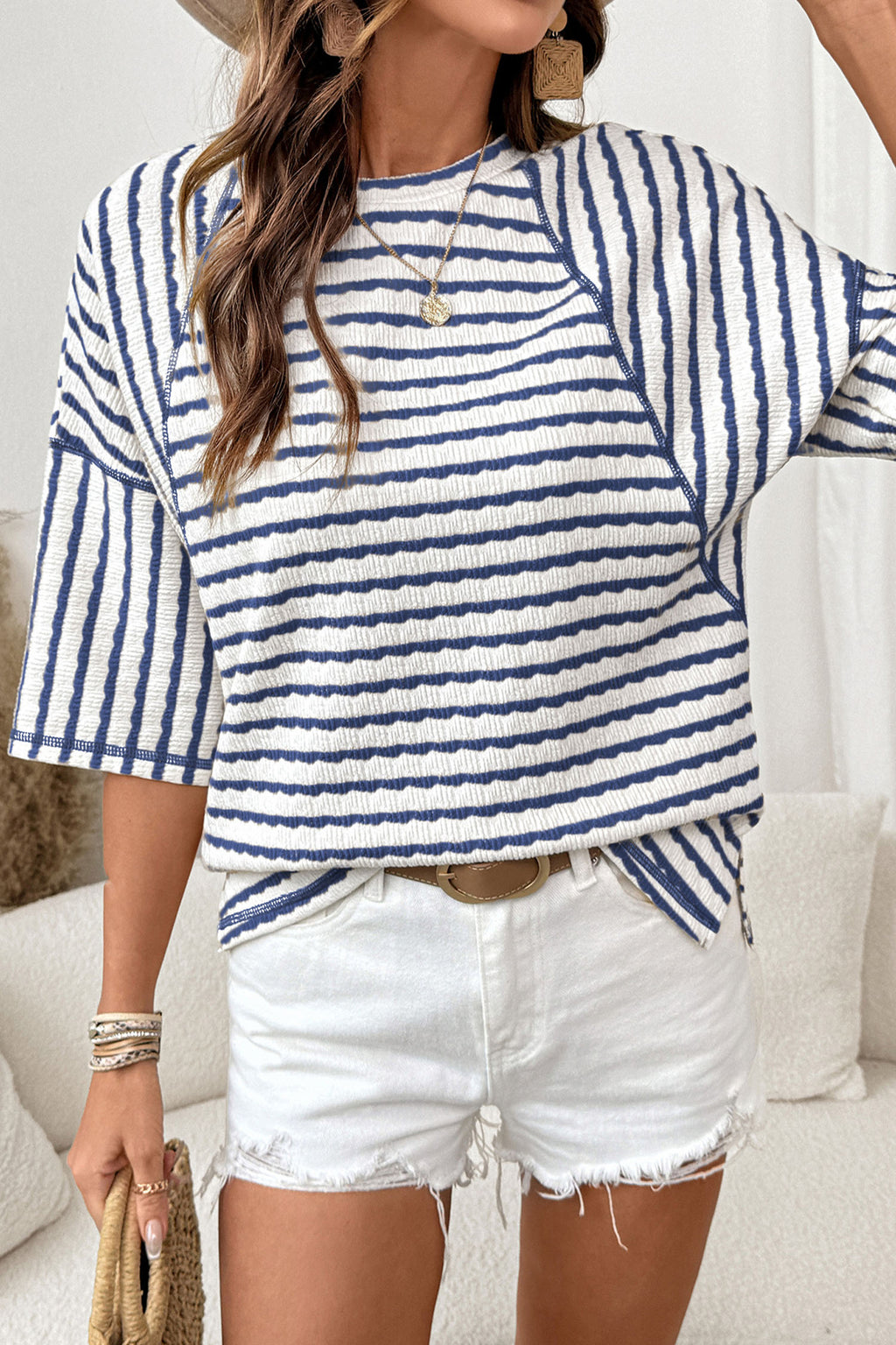 Sky Blue Stripe Textured Knit Split Hem Half Sleeve Loose Top Shewin