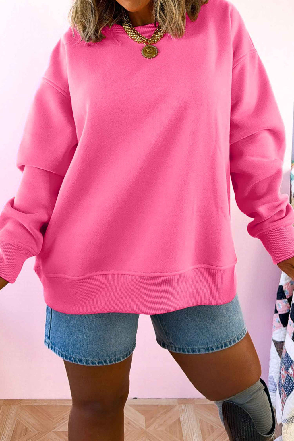 Sachet Pink Slogan Print Round Neck Long Sleeve Sweatshirt
