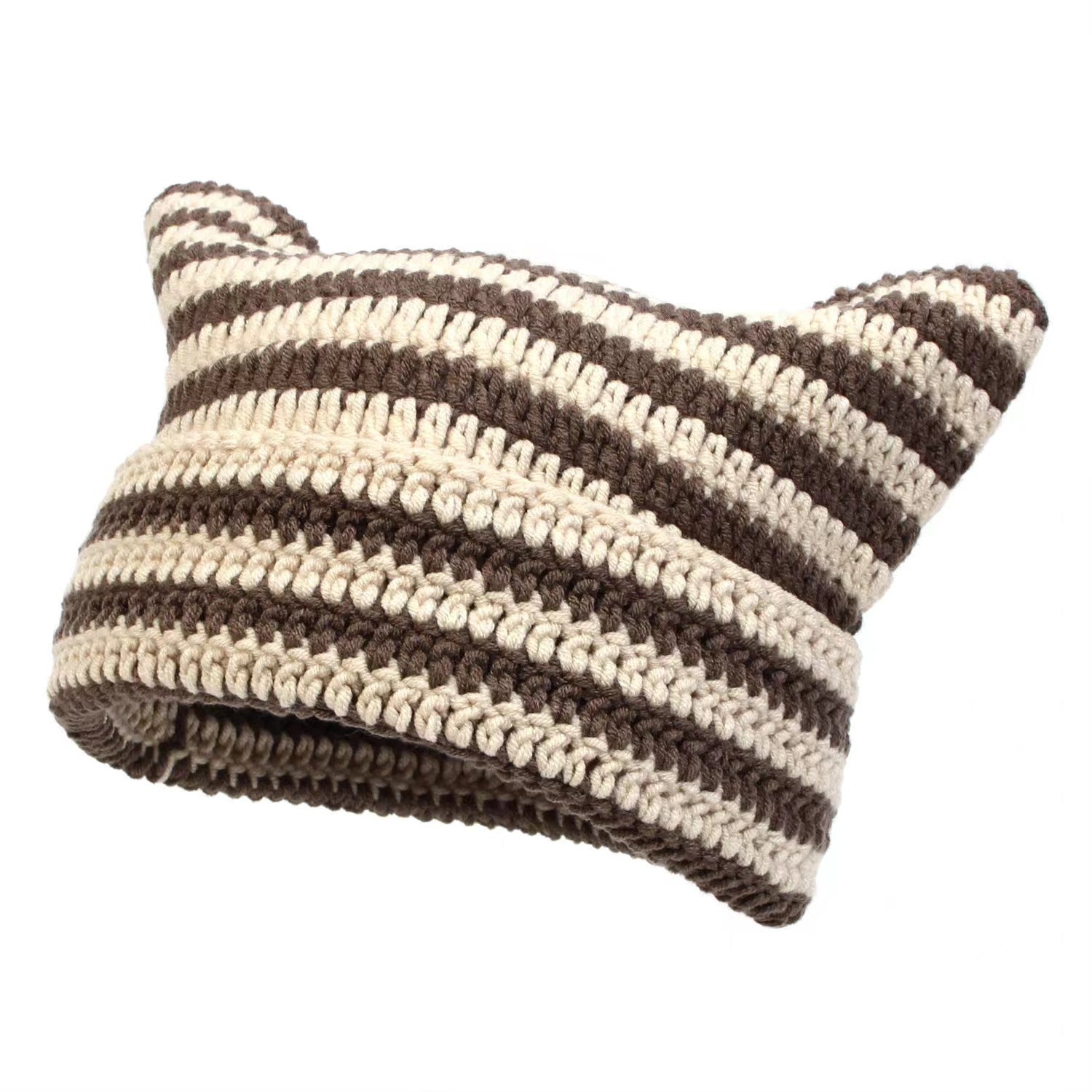 Women’s Hand Knitted Striped Cat Hat – Cute Warm Winter Beanie FitiqueFit