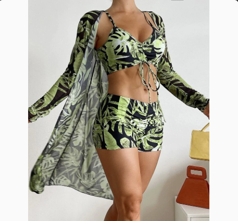 Mesh Cover-Up Three-Piece Swimwear Set – Bikini with Leg-Length Briefs FitiqueFit