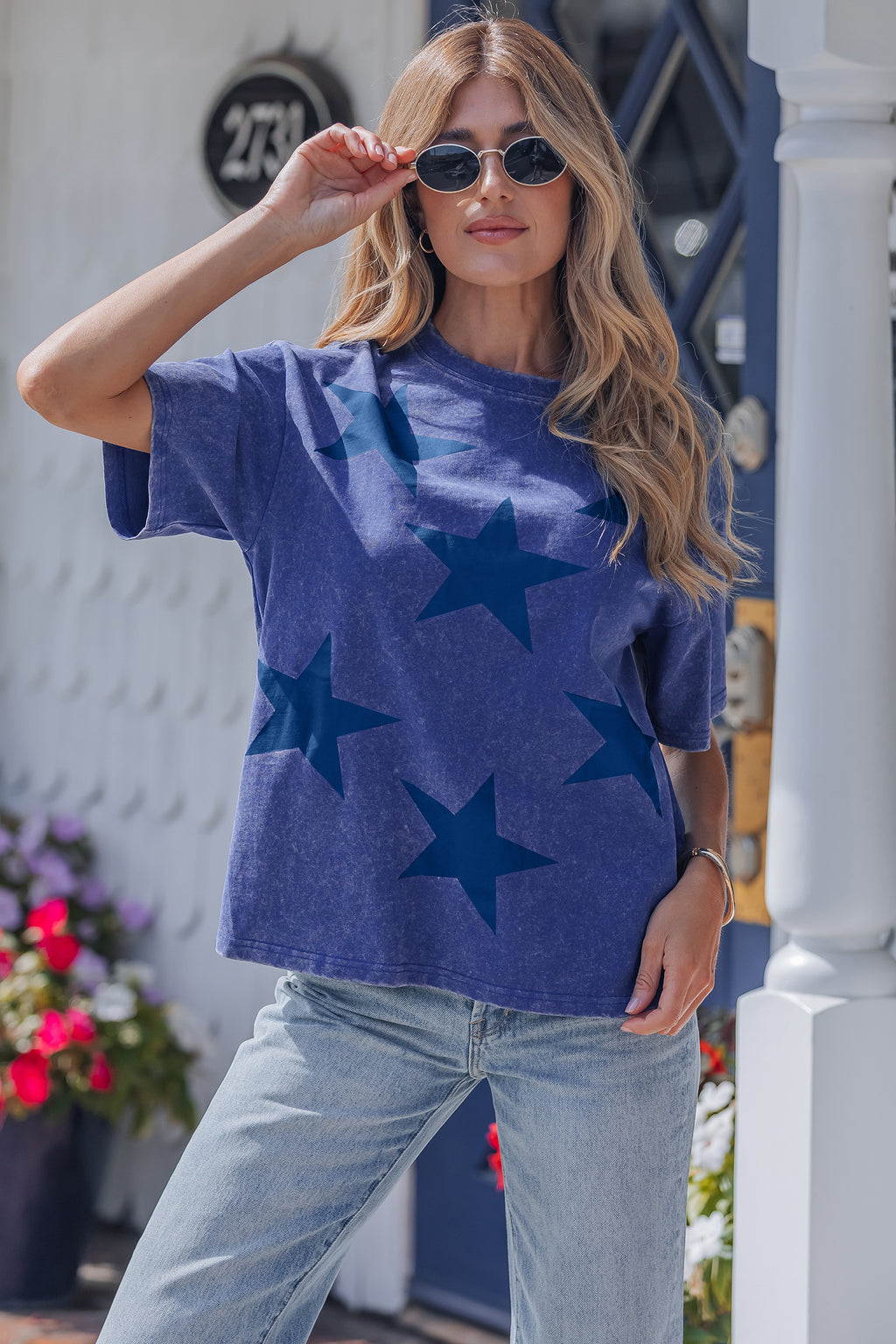 Red Independence Day Star Printed Mineral Wash T Shirt