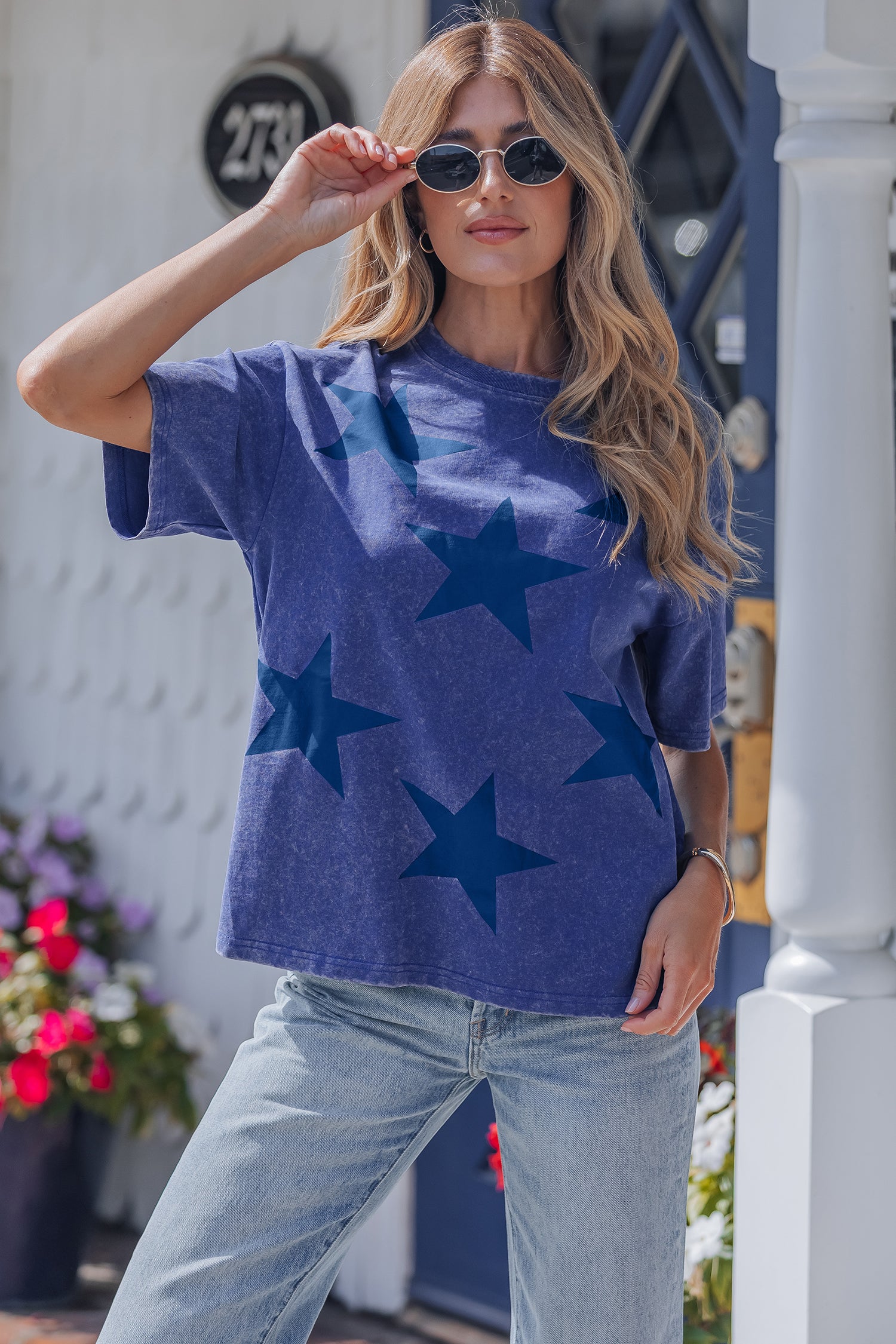 Red Independence Day Star Printed Mineral Wash T Shirt