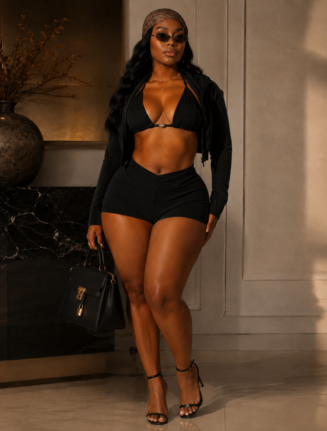 Heartline 3-Piece Halter Bra, Zip Hoodie & Shorts Set Rose In Concrete 🥀