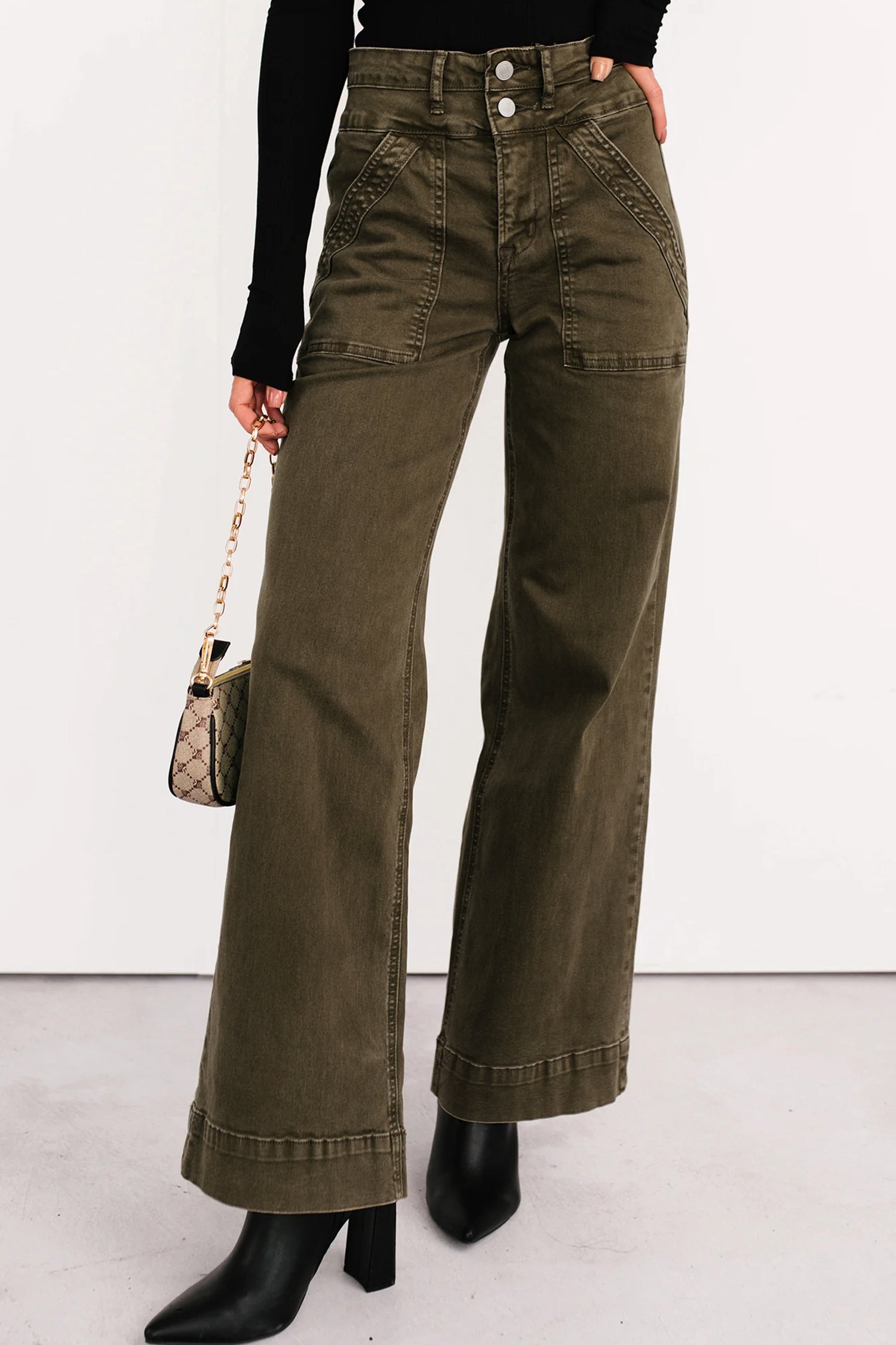 Jungle Green Double Waistband Loose Straight Jeans Shewin