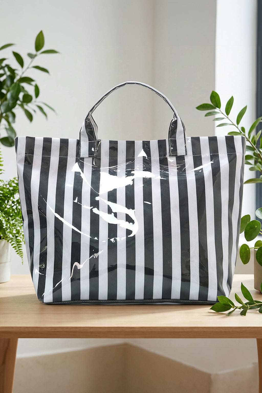 Red Glossy Striped Vinyl Large Tote Bag (Color Varied)