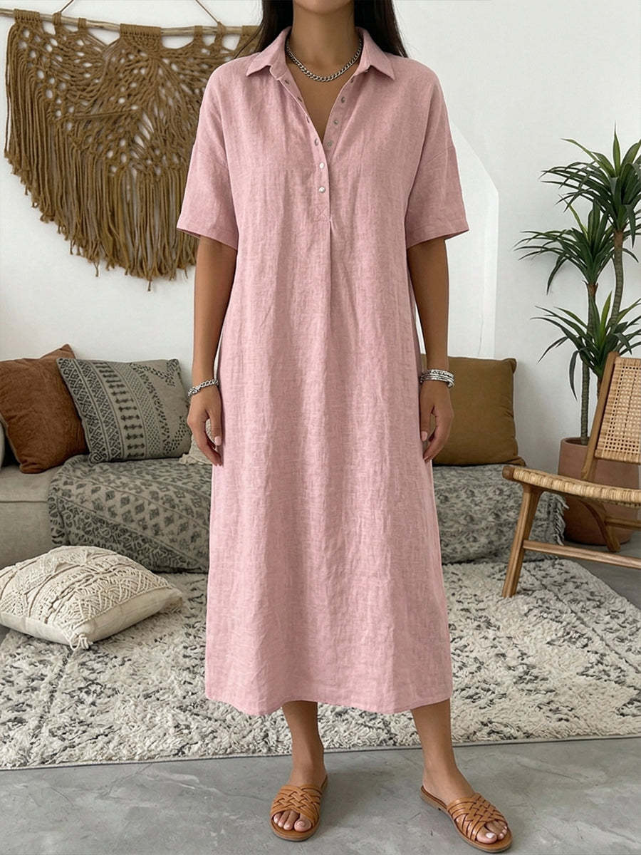 Women's Linen Blend Short Sleeve Polo Neck Maxi Dress FitiqueFit