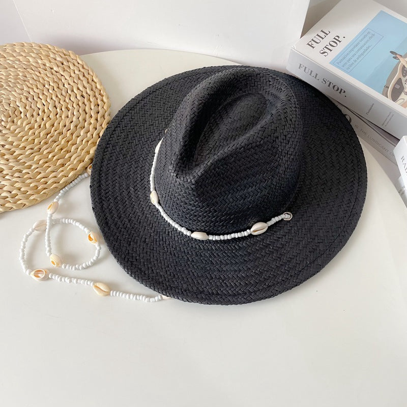 Vintage Seashells Beaded Beach Hats With Chain For Women Elegant Outdoor Ladies Hat Beach Hats Women Seashells Sun Hat Fashion Straw Fedoras Sun Hats Summer Portable Charming Hat Stevvex