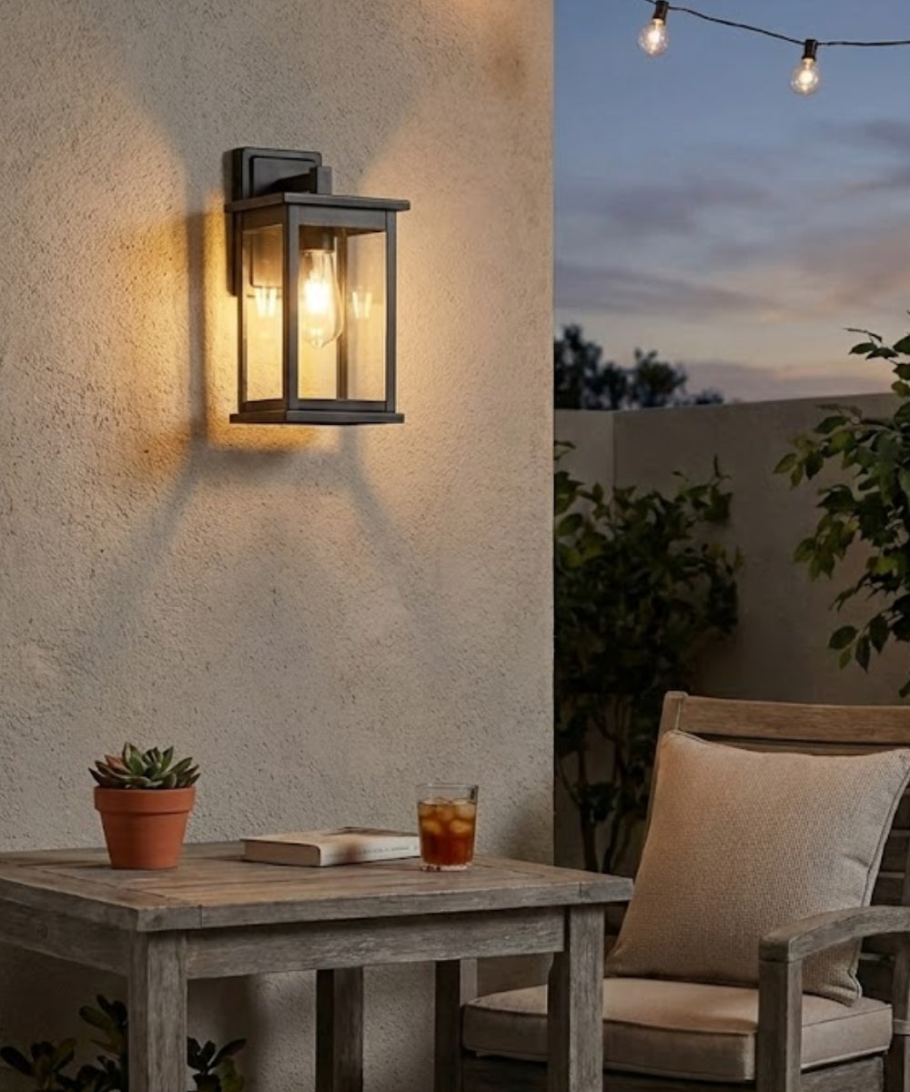 11"H Bowton II Outdoor Wall Light - Dusk to Dawn Matte Black Finish with Glass Shade by Millennium Lighting LampsUSA