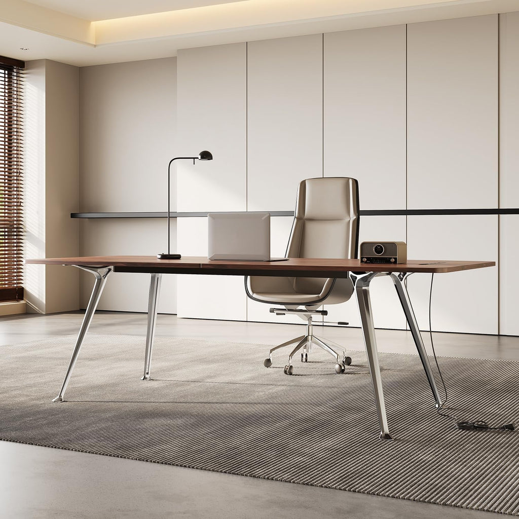 60 Inch Writing Computer Desk With Chrome Legs And Built In Power Outlet