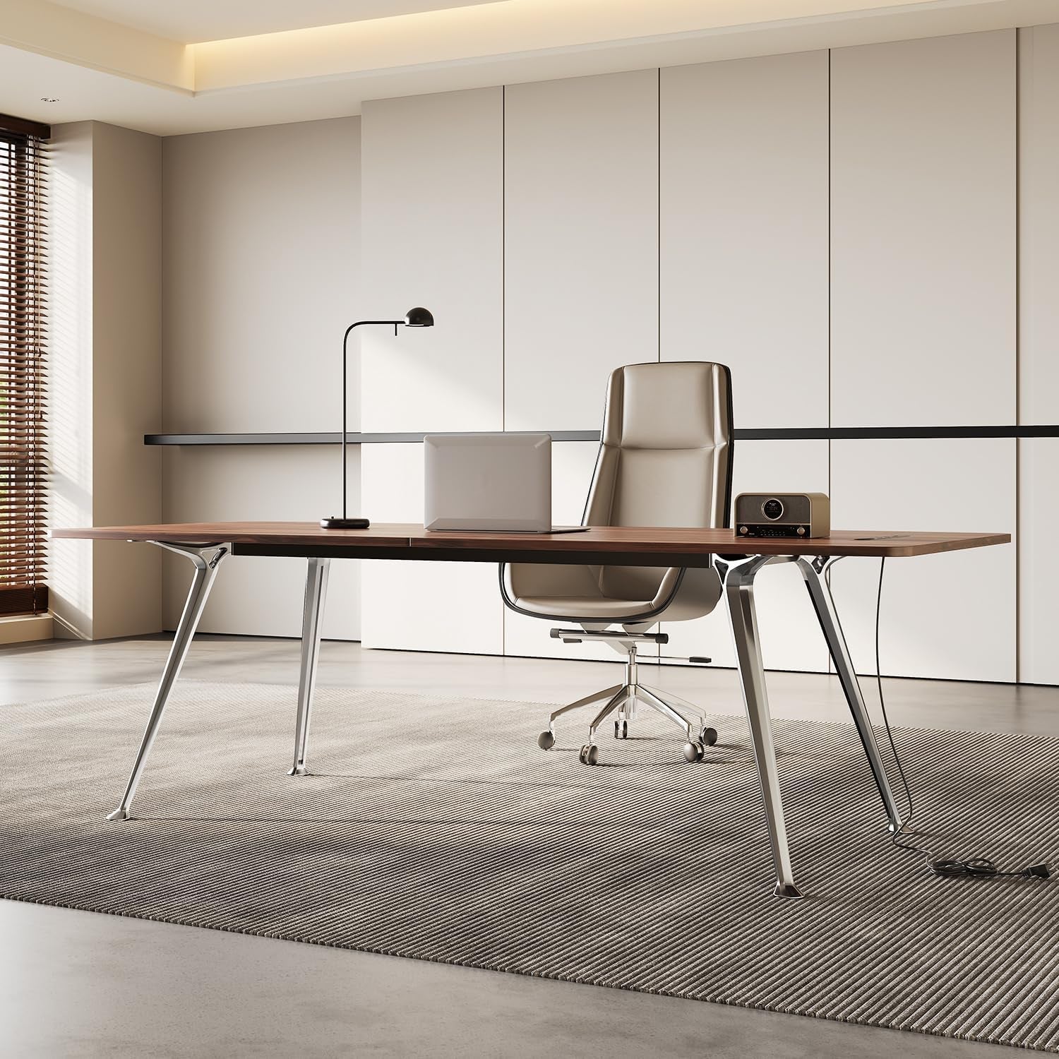 60 Inch Writing Computer Desk With Chrome Legs And Built In Power Outlet