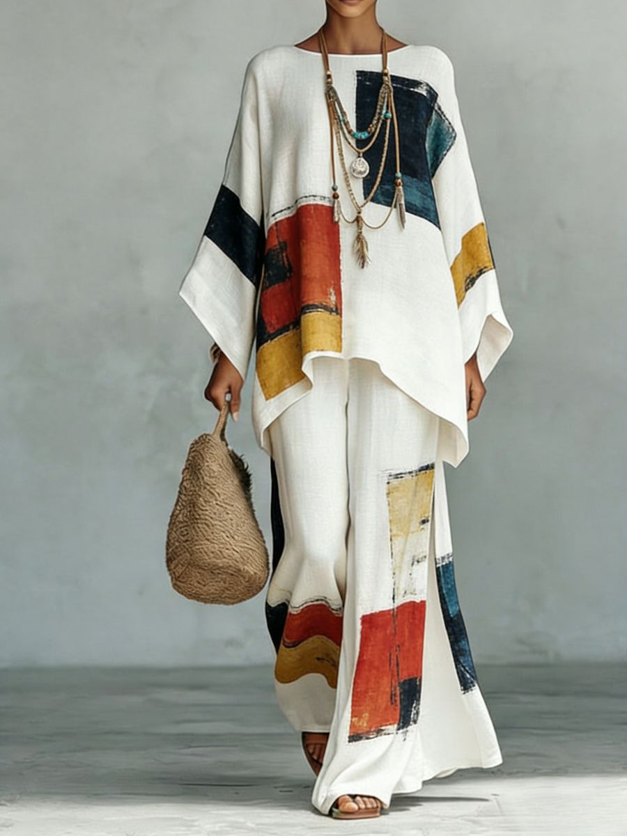 Floral Print Bamboo Linen Two-Piece Set | Wide-Leg Pants FitiqueFit