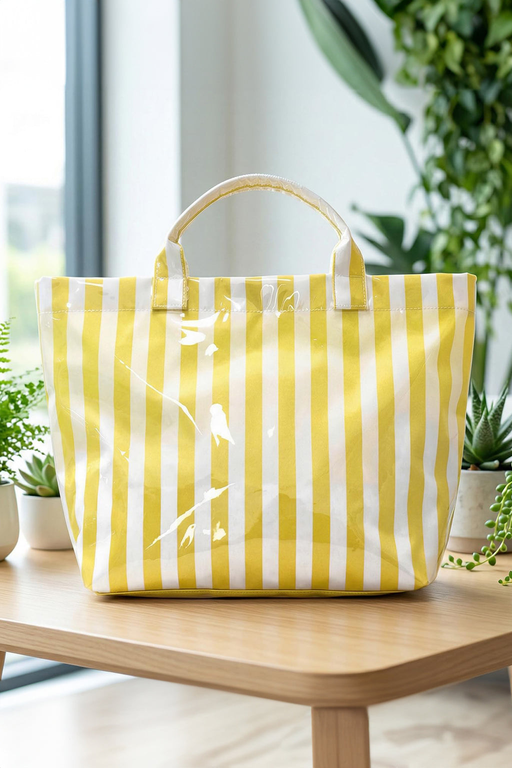 Red Glossy Striped Vinyl Large Tote Bag (Color Varied)