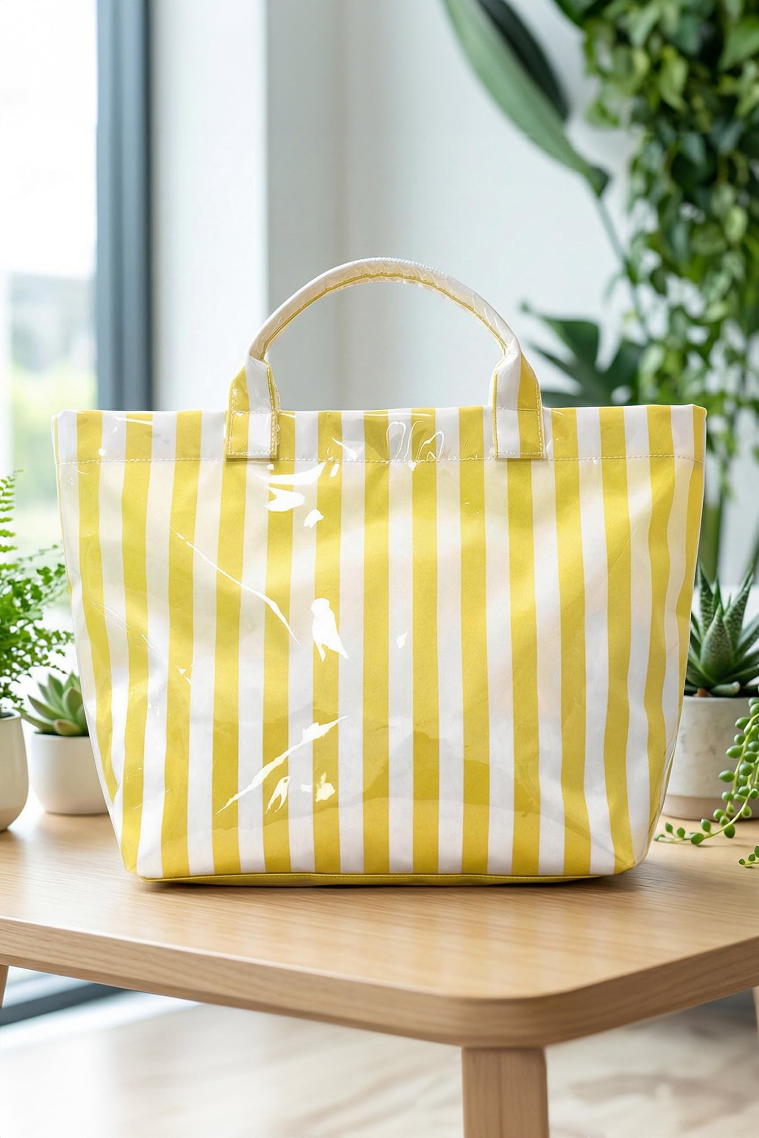Red Glossy Striped Vinyl Large Tote Bag (Color Varied)