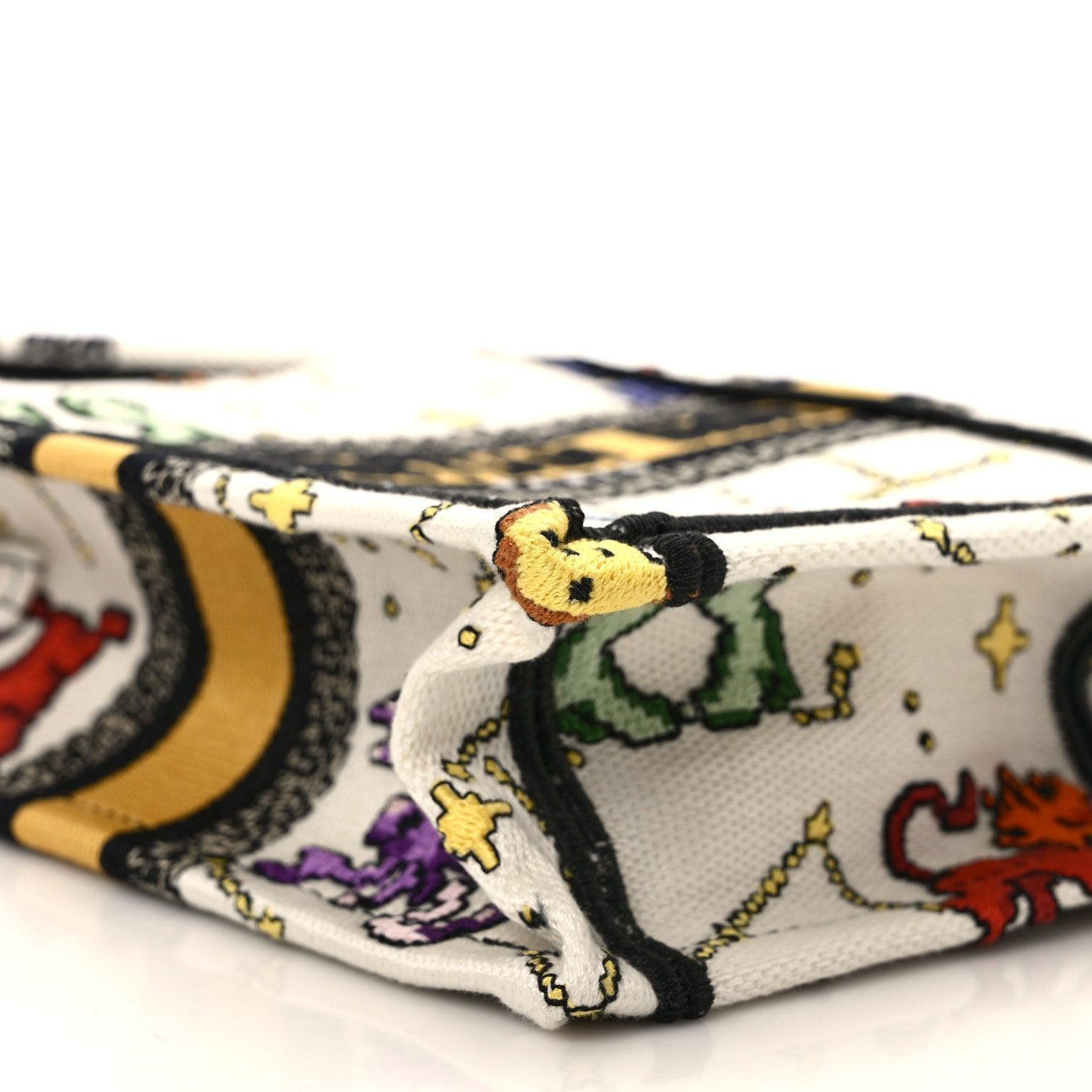 Christian Dior Canvas Embroidered Pixel Zodiac Mini Book Tote Phone Bag in Latte Multicolor Banlieue91