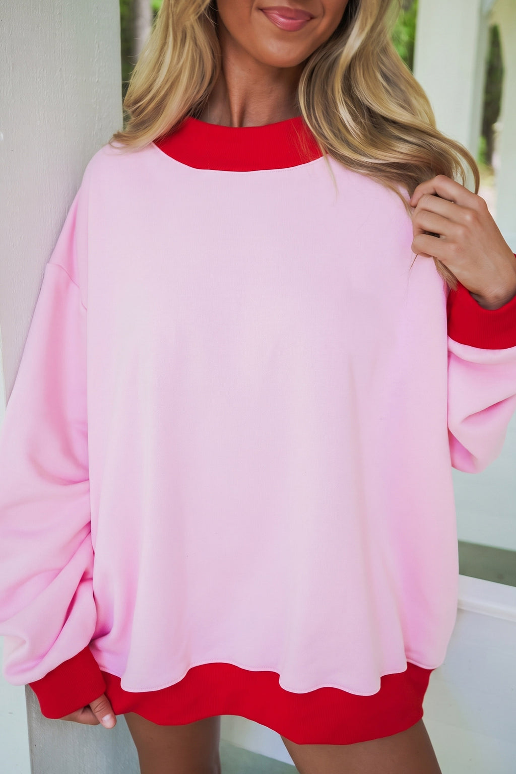 Pink Colorblock Trim Crewneck Long Sleeve Pullover Sweatshirt