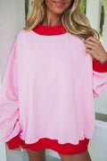 Pink Colorblock Trim Crewneck Long Sleeve Pullover Sweatshirt
