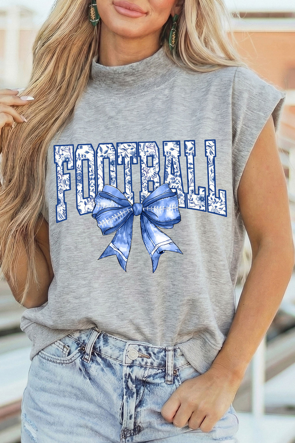 Light Grey Football Bow Game Day Graphic High Neck Cap Sleeve Top