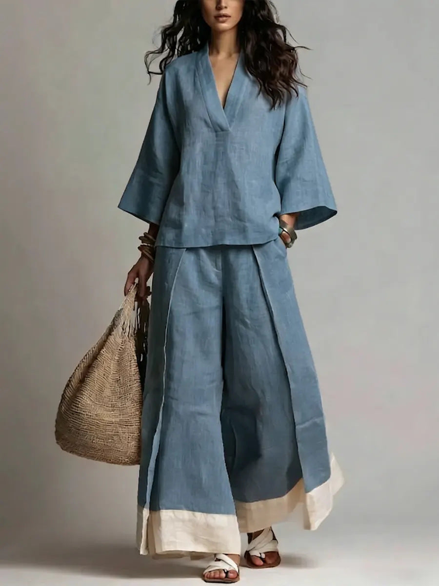 Women's Cotton-Linen V-Neck 3/4 Sleeve Shirt & Wide-Leg Pants Set FitiqueFit