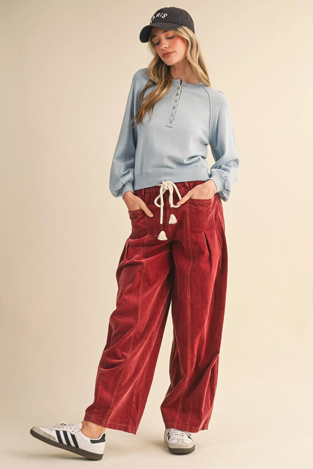 Racing Red Elastic Waist Drawstring Corduroy Casual Pants Shewin