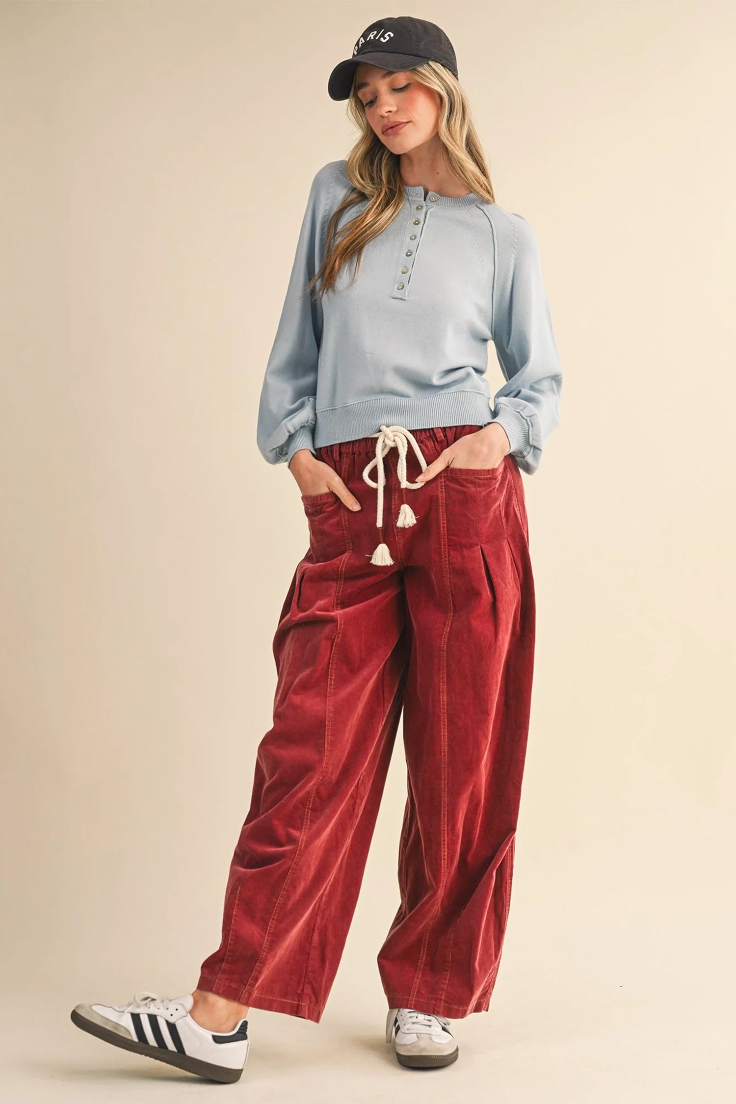 Racing Red Elastic Waist Drawstring Corduroy Casual Pants Shewin